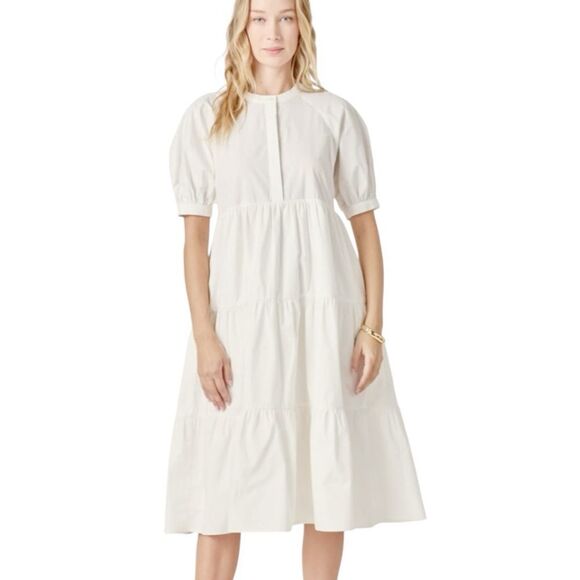 English Factory Anthropologie White Puff Sleeve Tiered Midi Dress Small AK105D - Picture 2 of 13
